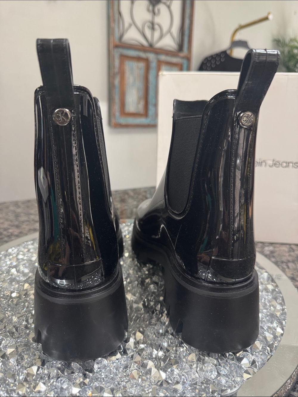 Calvin Klein Wende Black Patent Chunky Chelsea Rain Boots NEW 9 - Picture 10 of 14